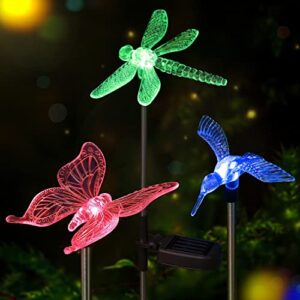 solar garden lights – 3 pack solar stake light, color changing solar powered decorative landscape lighting hummingbird butterfly dragonfly for outdoor path, yard, lawn, lawn, halloween, christmas