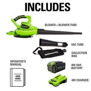 Greenworks 40V (185 MPH / 340 CFM) Brushless Cordless Blower / Vacuum, 4.0Ah Battery and Charger Included