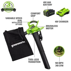 Greenworks 40V (185 MPH / 340 CFM) Brushless Cordless Blower / Vacuum, 4.0Ah Battery and Charger Included