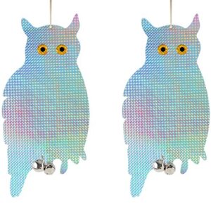 bird blinder hanging owl decoys to scare birds away – reflective bird deterrent devices – scare away woodpecker, swallow, hawks, crows, pigeons and birds – window strike prevention 16 inch – pack of 2