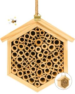 mason bee house – handmade wooden bee hotel natural bamboo bee habitat hive bee box for carpenter bee, garden gifts, pollinating bees, leaf cutter bee