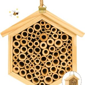 Mason Bee House - Handmade Wooden Bee Hotel Natural Bamboo Bee Habitat Hive Bee Box for Carpenter Bee, Garden Gifts, Pollinating Bees, Leaf Cutter Bee