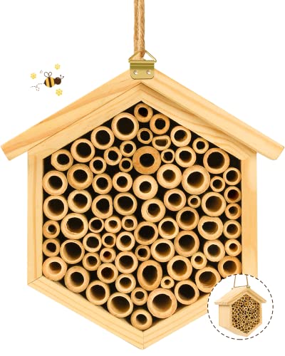 Mason Bee House - Handmade Wooden Bee Hotel Natural Bamboo Bee Habitat Hive Bee Box for Carpenter Bee, Garden Gifts, Pollinating Bees, Leaf Cutter Bee