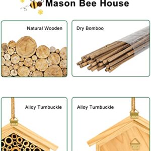 Mason Bee House - Handmade Wooden Bee Hotel Natural Bamboo Bee Habitat Hive Bee Box for Carpenter Bee, Garden Gifts, Pollinating Bees, Leaf Cutter Bee