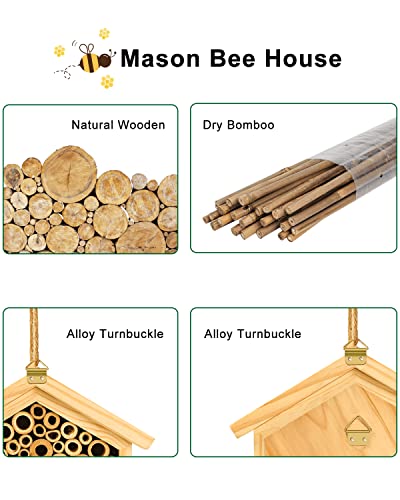 Mason Bee House - Handmade Wooden Bee Hotel Natural Bamboo Bee Habitat Hive Bee Box for Carpenter Bee, Garden Gifts, Pollinating Bees, Leaf Cutter Bee