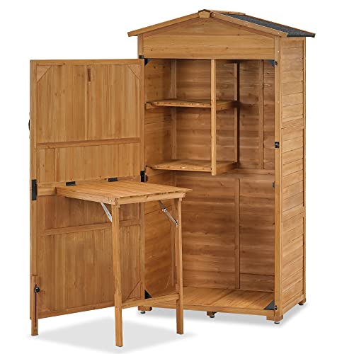 MCombo Large Outdoor Storage Cabinet with Folding Table, Oversize Garden Tool Shed with Shelves, Tall Outdoor Storage Shed with Lock for Patio and Yard (35.4x23.6x74 inch) 1965 (Natural)