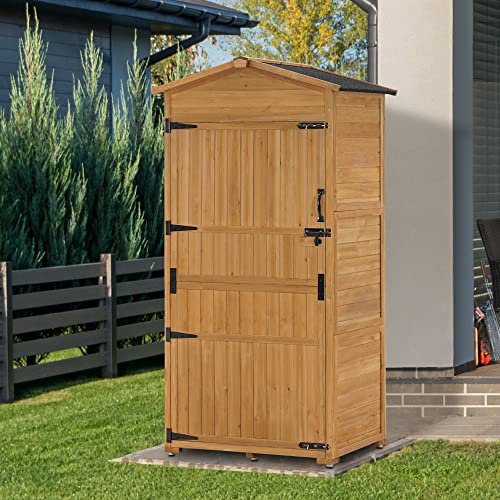 MCombo Large Outdoor Storage Cabinet with Folding Table, Oversize Garden Tool Shed with Shelves, Tall Outdoor Storage Shed with Lock for Patio and Yard (35.4x23.6x74 inch) 1965 (Natural)