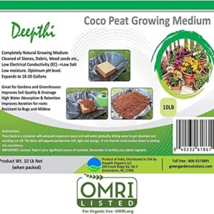 Deepthi Coco Peat Growing Medium – OMRI Listed for Organic Use – 10 Lb Coco Coir Brick for Plants – Also Known As Coco or Coconut Fiber Soil – Substitute for Peat Moss – Low EC, High Expansion