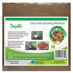 Deepthi Coco Peat Growing Medium – OMRI Listed for Organic Use – 10 Lb Coco Coir Brick for Plants – Also Known As Coco or Coconut Fiber Soil – Substitute for Peat Moss – Low EC, High Expansion