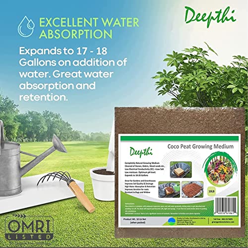 Deepthi Coco Peat Growing Medium – OMRI Listed for Organic Use – 10 Lb Coco Coir Brick for Plants – Also Known As Coco or Coconut Fiber Soil – Substitute for Peat Moss – Low EC, High Expansion