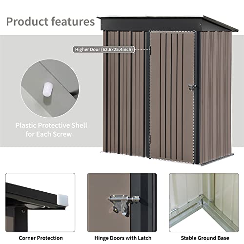 5ft x3ft Patio Garden Shed, Metal Lean-to Storage Shed with Lockable Door, Tool Cabinet for Backyard, Lawn, Garden, Brown