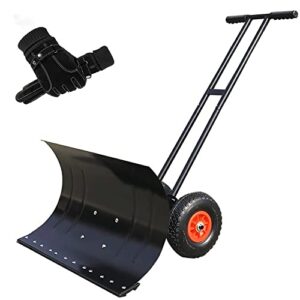 zhoneqingxninred wheeled snow pusher shovel heavy duty rolling with adjustable handle & anti-skid wheels and winter gloves removal tool for driveway garden pavement (29.1×16.5in )