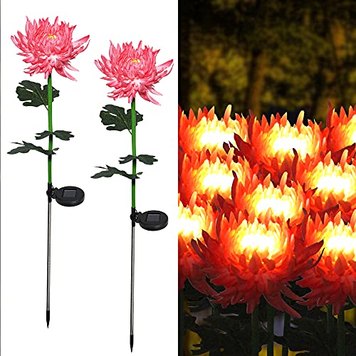 MIKK Solar Garden Stake Flower Lights, 2pack Outdoor Decorative Floral Lights, LED Artificial Waterproof Yard In-Ground Lights Lights for Garden Lawn Patio Backyard.（Pink Chrysanthemum）