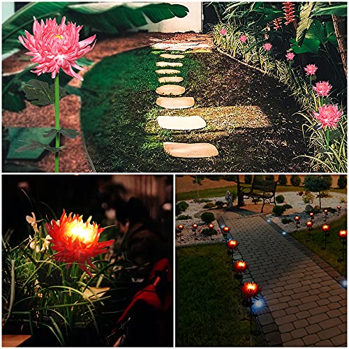 MIKK Solar Garden Stake Flower Lights, 2pack Outdoor Decorative Floral Lights, LED Artificial Waterproof Yard In-Ground Lights Lights for Garden Lawn Patio Backyard.（Pink Chrysanthemum）