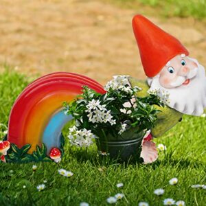 UDDDSR Garden Gnome Statue, Funny Gnome Figurine with Rainbow Solar LED Lights for Garden Patio Yard Art Decoration, Outdoor Lawn Ornaments, Housewarming Funny Garden Gifts - 14"