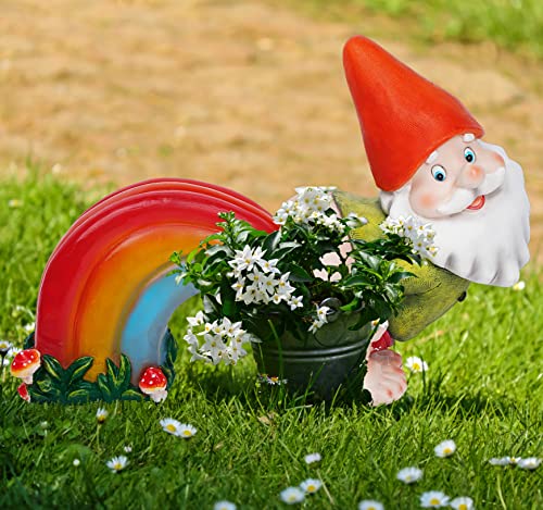 UDDDSR Garden Gnome Statue, Funny Gnome Figurine with Rainbow Solar LED Lights for Garden Patio Yard Art Decoration, Outdoor Lawn Ornaments, Housewarming Funny Garden Gifts - 14"