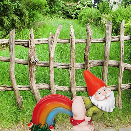 UDDDSR Garden Gnome Statue, Funny Gnome Figurine with Rainbow Solar LED Lights for Garden Patio Yard Art Decoration, Outdoor Lawn Ornaments, Housewarming Funny Garden Gifts - 14"