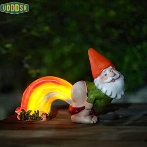 UDDDSR Garden Gnome Statue, Funny Gnome Figurine with Rainbow Solar LED Lights for Garden Patio Yard Art Decoration, Outdoor Lawn Ornaments, Housewarming Funny Garden Gifts - 14"