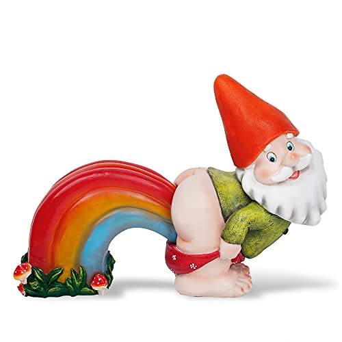 UDDDSR Garden Gnome Statue, Funny Gnome Figurine with Rainbow Solar LED Lights for Garden Patio Yard Art Decoration, Outdoor Lawn Ornaments, Housewarming Funny Garden Gifts - 14"