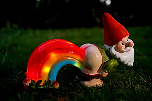 UDDDSR Garden Gnome Statue, Funny Gnome Figurine with Rainbow Solar LED Lights for Garden Patio Yard Art Decoration, Outdoor Lawn Ornaments, Housewarming Funny Garden Gifts - 14"