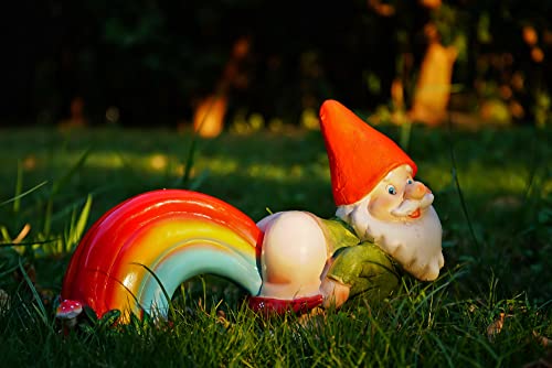 UDDDSR Garden Gnome Statue, Funny Gnome Figurine with Rainbow Solar LED Lights for Garden Patio Yard Art Decoration, Outdoor Lawn Ornaments, Housewarming Funny Garden Gifts - 14"