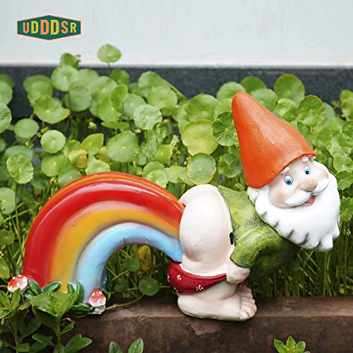 UDDDSR Garden Gnome Statue, Funny Gnome Figurine with Rainbow Solar LED Lights for Garden Patio Yard Art Decoration, Outdoor Lawn Ornaments, Housewarming Funny Garden Gifts - 14"