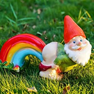 UDDDSR Garden Gnome Statue, Funny Gnome Figurine with Rainbow Solar LED Lights for Garden Patio Yard Art Decoration, Outdoor Lawn Ornaments, Housewarming Funny Garden Gifts - 14"