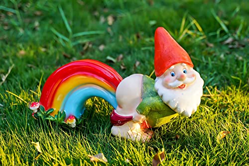 UDDDSR Garden Gnome Statue, Funny Gnome Figurine with Rainbow Solar LED Lights for Garden Patio Yard Art Decoration, Outdoor Lawn Ornaments, Housewarming Funny Garden Gifts - 14"