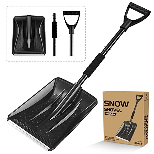 Snow Shovel, Portable Snow Shovels for Snow Removal, Lightweight Car Snow Shovel with D-Grip, Non-Slip Sponge and Durable Aluminum Blade Suitable for Driveway, Camping, Outdoor and Emergency(Black)