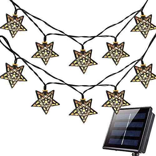 WONFAST Solar Star String Lights, 15.7FT 20LED Moroccan Metal Stars Solar Fairy Lantern Night Decorative String Lights for Garden Yard Home Landscape Christmas Party Lighting Decorations (Warm White)