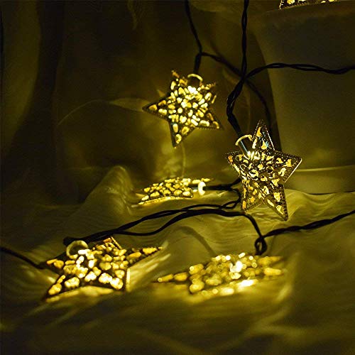 WONFAST Solar Star String Lights, 15.7FT 20LED Moroccan Metal Stars Solar Fairy Lantern Night Decorative String Lights for Garden Yard Home Landscape Christmas Party Lighting Decorations (Warm White)