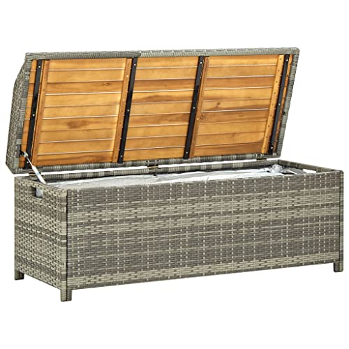 Garden Bench Patio Dustproof Storage Box, Weather Resistant Poly Rattan Solid Acacia Wood Slats Outdoor Storage Trunk Chest for Pool Toys, Blankets and Gardening Tools, 47.2" x 19.6" x 19.6" (Grey)