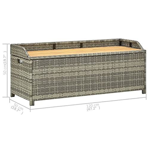 Garden Bench Patio Dustproof Storage Box, Weather Resistant Poly Rattan Solid Acacia Wood Slats Outdoor Storage Trunk Chest for Pool Toys, Blankets and Gardening Tools, 47.2" x 19.6" x 19.6" (Grey)