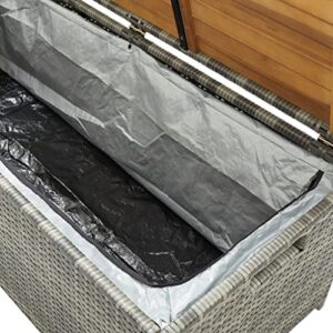 Garden Bench Patio Dustproof Storage Box, Weather Resistant Poly Rattan Solid Acacia Wood Slats Outdoor Storage Trunk Chest for Pool Toys, Blankets and Gardening Tools, 47.2" x 19.6" x 19.6" (Grey)