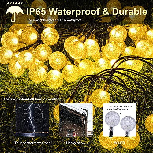 Solar Globe Lights 23Ft 50 LED Battery Powered Waterproof Crystal Globe Ball String Light with Remote for Garden Patio Party Backyard Wedding Halloween Christmas (Warm White)