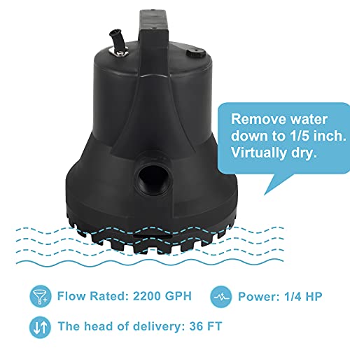 1/4 HP Automatic Submersible Water Pump with Garden Hose Adapter, 14.8FT Lift Height, Ultra-low Water Level Drainage, 2200 GPH Water Removal for Hot Tubs, Fish Tank, Pond, Rooftops, Hydroponic Systems