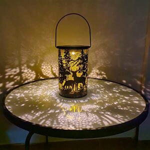 solar lanterns outdoor waterproof, solar hanging lantern lights made of metal carved with deer and trees. led decorative garden light for patio, table, pathway, yard, landscape