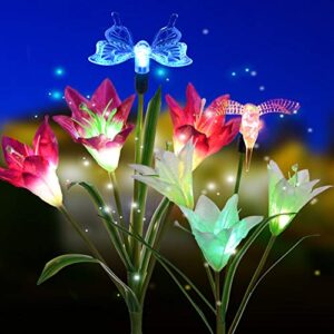 doingart outdoor solar garden lights, 2 pack solar powered lights with lily flower, hummingbird and butterfly, multi-color changing led solar decorative lights for garden, patio, backyard
