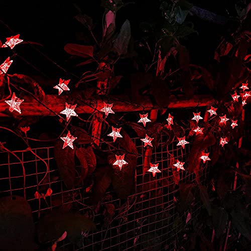 Abkshine Solar Powered Red Lights String, Halloween Outdoor Decorative LED Star Shaped String Lights for Garden Pathway Patio Christmas Tree Decorations