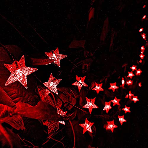 Abkshine Solar Powered Red Lights String, Halloween Outdoor Decorative LED Star Shaped String Lights for Garden Pathway Patio Christmas Tree Decorations