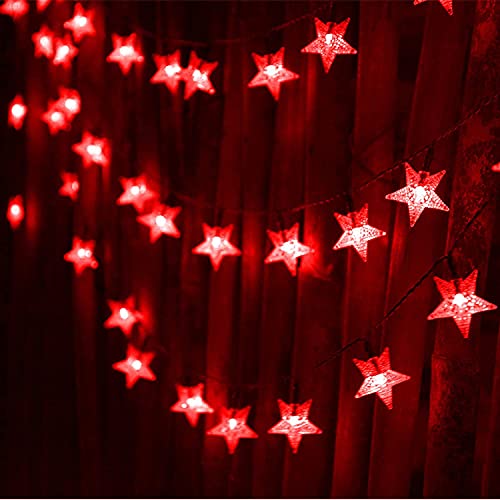 Abkshine Solar Powered Red Lights String, Halloween Outdoor Decorative LED Star Shaped String Lights for Garden Pathway Patio Christmas Tree Decorations