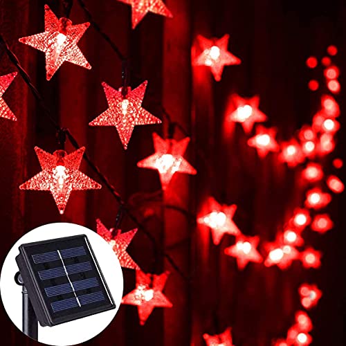 Abkshine Solar Powered Red Lights String, Halloween Outdoor Decorative LED Star Shaped String Lights for Garden Pathway Patio Christmas Tree Decorations