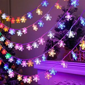 2 packs christmas lights, 40ft 100leds battery operated snowflake string lights fairy lights for indoor outdoor garden christmas decorations (warm white + multicolor)