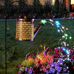 solar watering can with cascading lights, metal vintage hanging solar powered watering can, waterproof outdoor decorative garden light for pathway yard walkway tree christmas