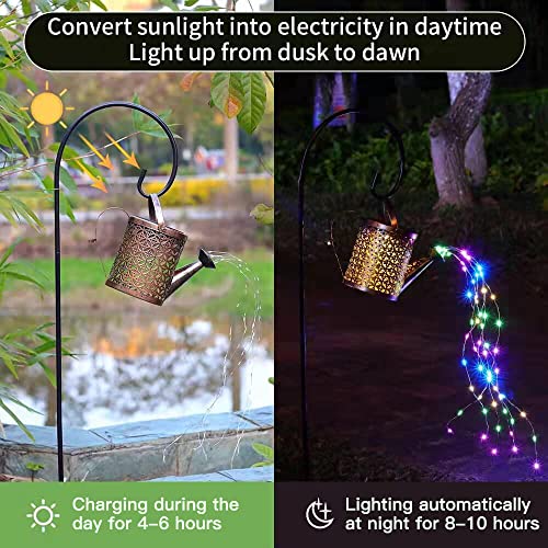 Solar Watering Can with Cascading Lights, Metal Vintage Hanging Solar Powered Watering Can, Waterproof Outdoor Decorative Garden Light for Pathway Yard Walkway Tree Christmas