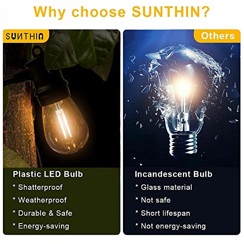 SUNTHIN Outdoor String Lights, 2 Pack 48ft Patio Lights Waterproof Hanging Lights with Bright 2W Dimmable Shatterproof LED Bulbs for Decor Outside, Backyard, Party,Porch,Bistro,Cafe Bar,Garden,Camping