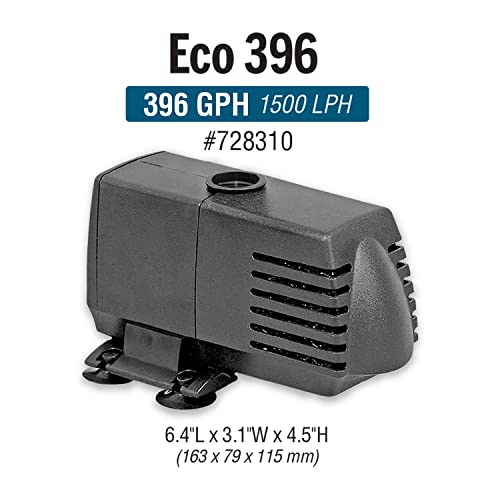 EcoPlus Eco 396 Water Pump Fixed Flow Submersible Or Inline For Aquariums, Ponds, Fountains & Hydroponics - UL Listed, 396 GPH, Black