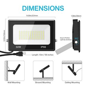 Olafus 2 Pack 50W LED Flood Light Outdoor, 5000LM Super Bright LED Work Lights Plug in, IP66 Waterproof Exterior Floodlight, 6500K Daylight White Security Light for Yard Lawn Garden