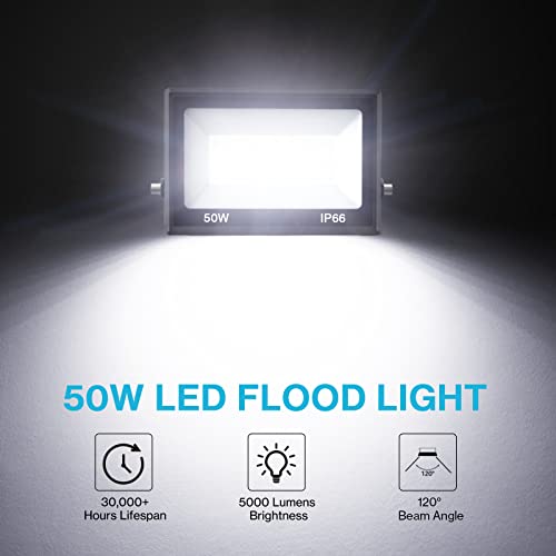 Olafus 2 Pack 50W LED Flood Light Outdoor, 5000LM Super Bright LED Work Lights Plug in, IP66 Waterproof Exterior Floodlight, 6500K Daylight White Security Light for Yard Lawn Garden