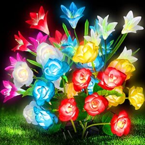 8 pcs solar flowers lights 7 color changing solar lights outdoor garden waterproof solar flowers lights outside decorative decor 4 lily flowers and 4 rose flower for yard patio party
